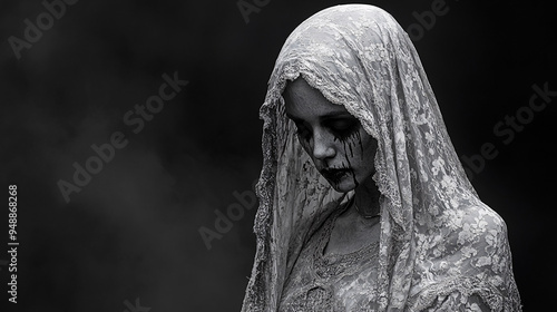 Latin woman as La Llorona, a scary Mexican ghost, against a black background for Halloween with copy space