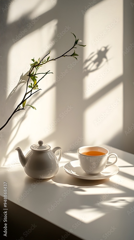 Obraz premium An elegant tea set showcased on a minimalistic surface, with sunlight streaming through a window, casting soft shadows
