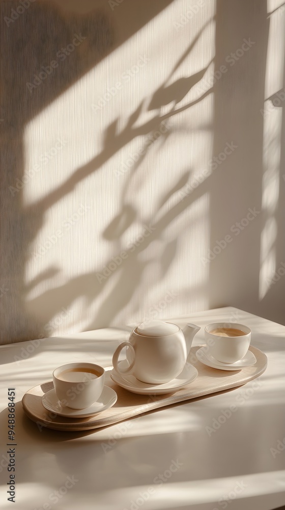 An elegant tea set showcased on a minimalistic surface, with sunlight streaming through a window, casting soft shadows An elegant tea set showcased on a minimalistic surface, with sunlight streaming through a window, casting soft shadows