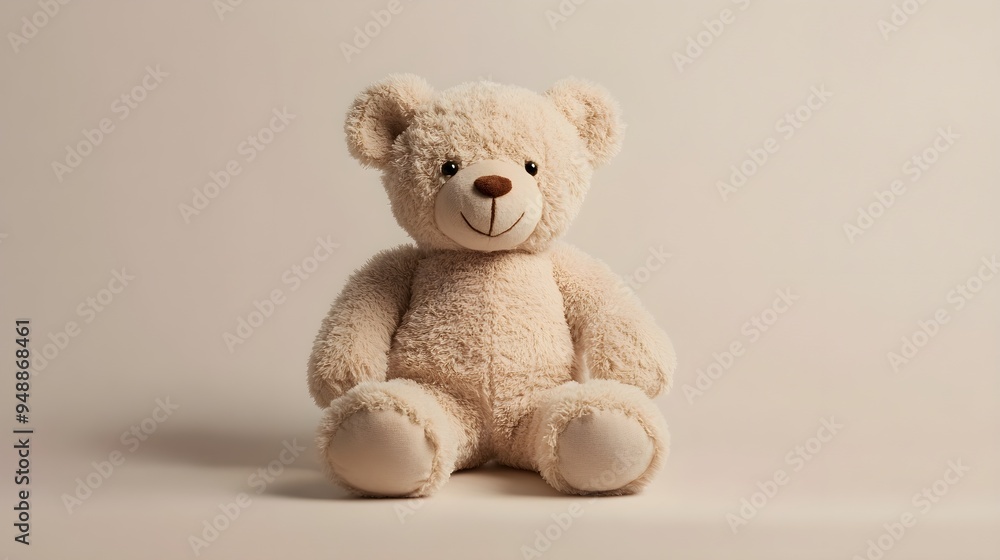 Obraz premium A soft, plush teddy bear sitting on a light pastel background, showcasing its intricate stitching and lifelike features