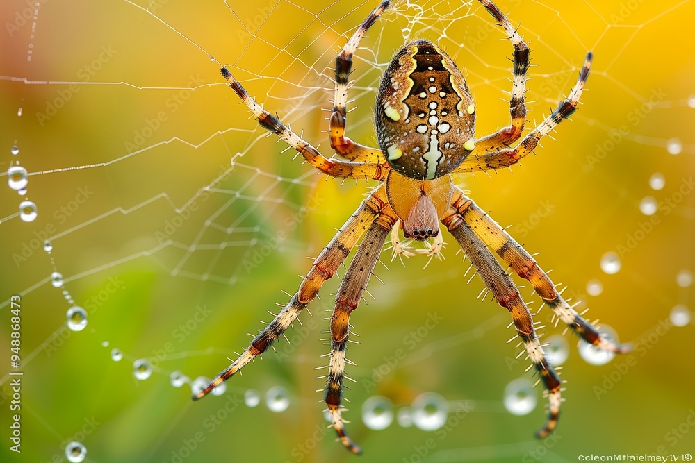 close up detailed of a garden spider on its web, with emphasis on the silk threads and the spider s intricate patterns, garden setting with morning dew on the web, soft close up detailed of a garden spider on its web, with emphasis on the silk threads and the spider s intricate patterns, garden setting with morning dew on the web, soft