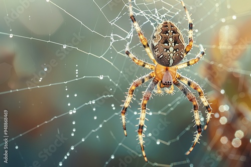 close up detailed of a garden spider on its web, with emphasis on the silk threads and the spider s intricate patterns, garden setting with morning dew on the web, soft