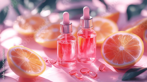 Brightly colored skincare drops with citrus slices on a pink surface create a vibrant and refreshing atmosphere in a wellness setting