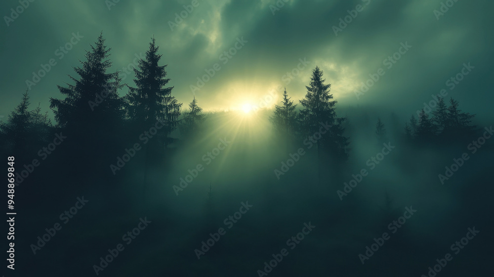 Misty morning sunrise over a dense forest shrouded in fog with tall evergreen trees in the early hours of dawn Misty morning sunrise over a dense forest shrouded in fog with tall evergreen trees in the early hours of dawn