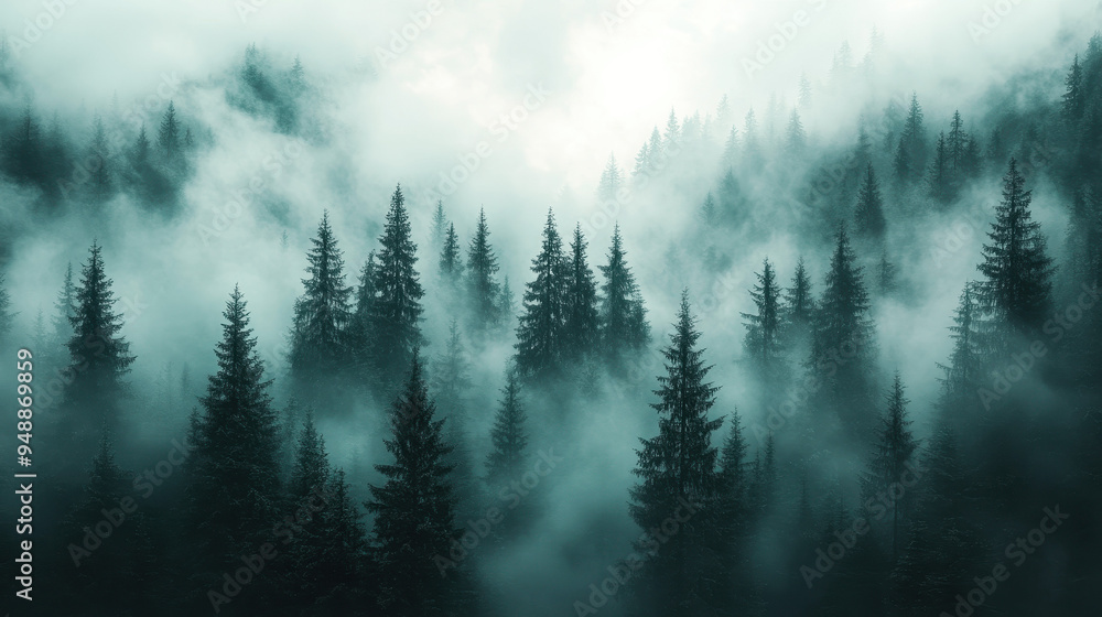 Mysterious fog envelops tall pine trees in a tranquil forest at dawn, casting an enchanting atmosphere Mysterious fog envelops tall pine trees in a tranquil forest at dawn, casting an enchanting atmosphere