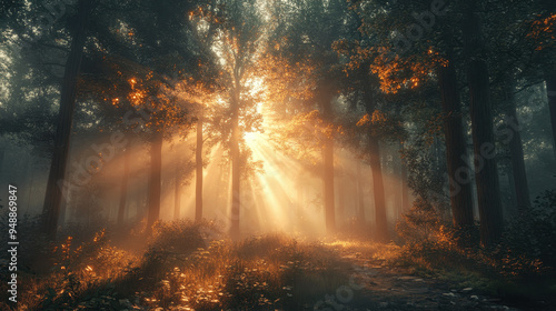 Sunlight streams through trees in a serene forest landscape during early morning hours, illuminating the misty surroundings