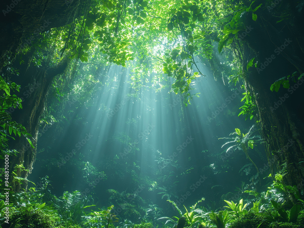 Fototapeta premium Sunlight filters through dense foliage in a lush, green rainforest during midday, highlighting the vibrant ecosystem below