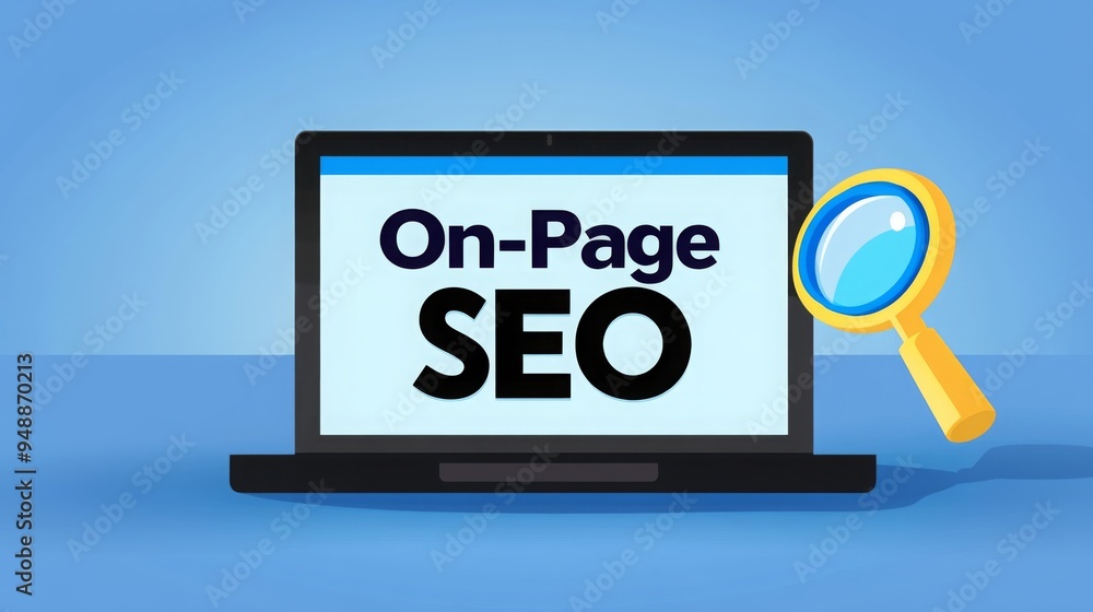 Illustration focusing on on-page SEO, featuring a laptop screen and magnifying glass, representing search engine optimization strategies and website improvement Illustration focusing on on-page SEO, featuring a laptop screen and magnifying glass, representing search engine optimization strategies and website improvement