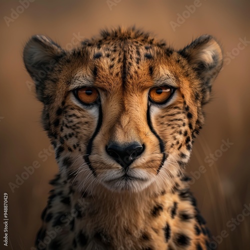 close up elegant cheetah with intense eyes and detailed spots, blurred savanna background highing the animal s fur texture, soft, natural emphasizing the sleekness of photo