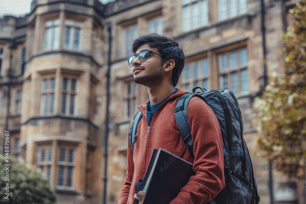 Student in a red hoodie with a backpack and book standing near an old university campus. Student in a red hoodie with a backpack and book standing near an old university campus.