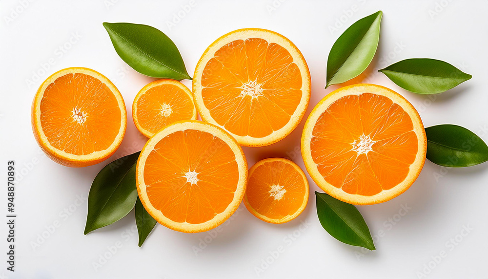 Flat lay view Slices Oranges with green leaves isolated on white background. Flat lay view Slices Oranges with green leaves isolated on white background.