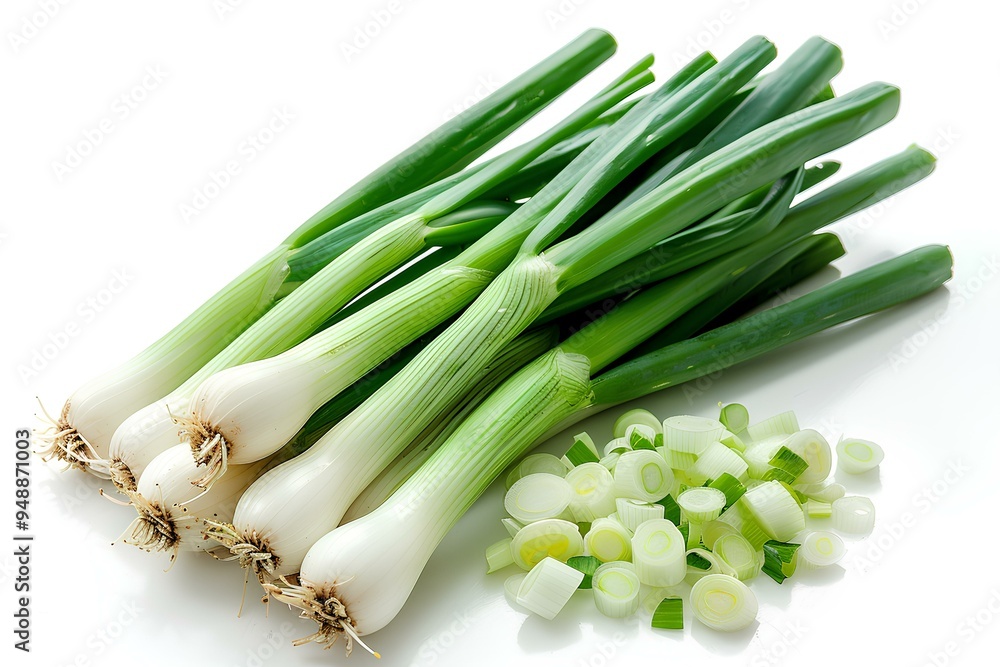 A bunch of green onions sitting on top of a table