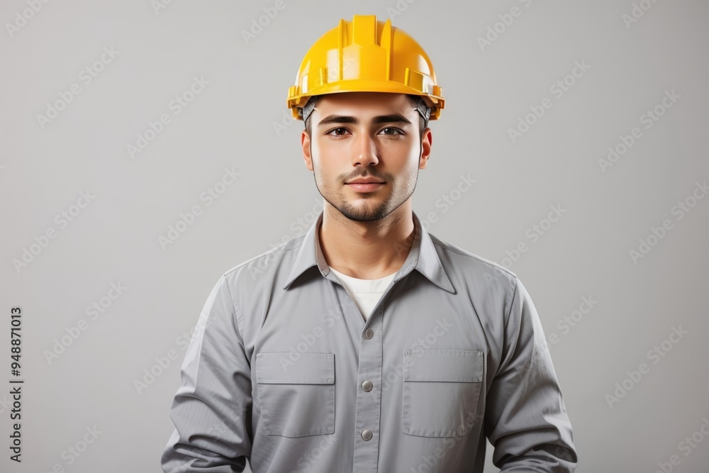 Close-up of a construction worker in a helmet, light grey background. Close-up of a construction worker in a helmet, light grey background.