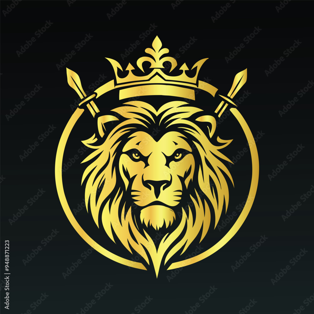 Realistic vector of a golden lion's head with a crown Realistic vector of a golden lion's head with a crown