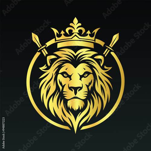 Realistic vector of a golden lion's head with a crown