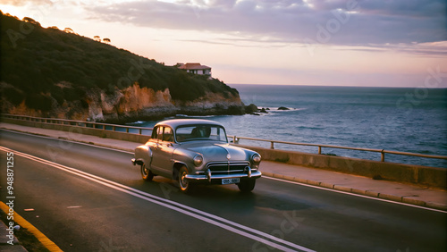 A retro-style of a vintage car driving along a coastal road