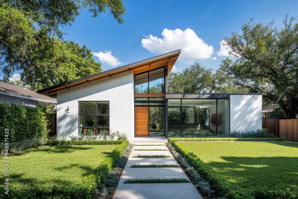 This image presents a modern white brick home with dark wood accents and a striking gable roof, surrounded by lush greenery in Beverly Hills, California, enhancing its charm and appeal This image presents a modern white brick home with dark wood accents and a striking gable roof, surrounded by lush greenery in Beverly Hills, California, enhancing its charm and appeal