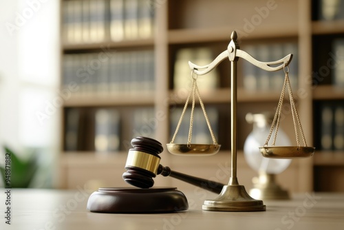 Class Action Law. Weight Scale of Justice in Legal Office with Judge's Gavel and Courtroom Elements photo