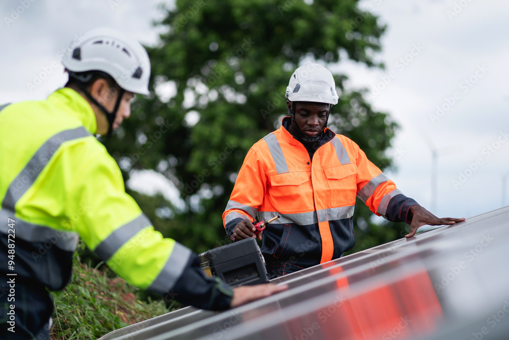 Service engineer inspects and maintains solar panels in a cultivation area, promoting clean energy. Service engineer inspects and maintains solar panels in a cultivation area, promoting clean energy.