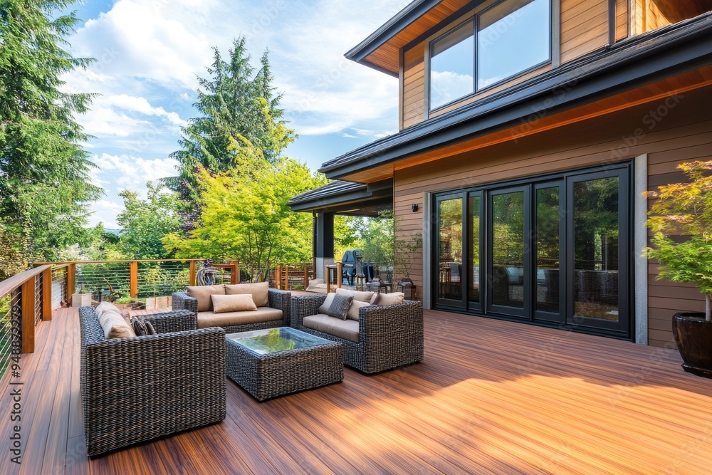 Custom Deck. Luxury American Home Exterior with New Construction Deck ...