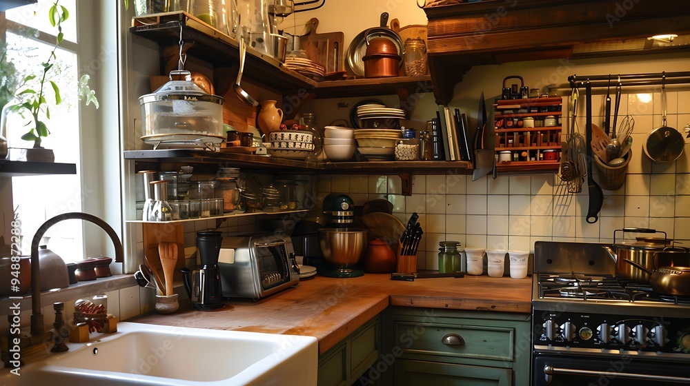 Describe the cozy charm of a kitchen with vintage appliances and open shelving Describe the cozy charm of a kitchen with vintage appliances and open shelving