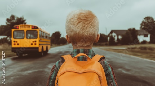 Young student standing with his back to the camera wearing a backpack waiting for the arrival of a school bus on a sunny morning capturing anticipation and the start of a new school day