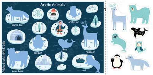 Arctic animals cut and glue game with cute animals and their names. Educational activity page for kids. Matching game with polar characters. Vector illustration