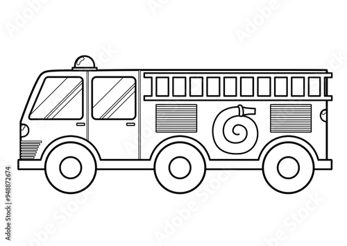 Black and white fire engine in cartoon style for kids. Rescue truck in outline for coloring. Doodle emergency car. Vector illustration