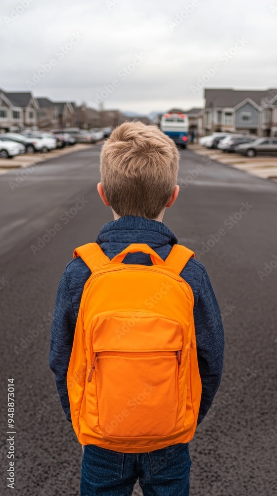 Young student standing with his back to the camera wearing a backpack waiting for the arrival of a school bus on a sunny morning capturing anticipation and the start of a new school day Young student standing with his back to the camera wearing a backpack waiting for the arrival of a school bus on a sunny morning capturing anticipation and the start of a new school day