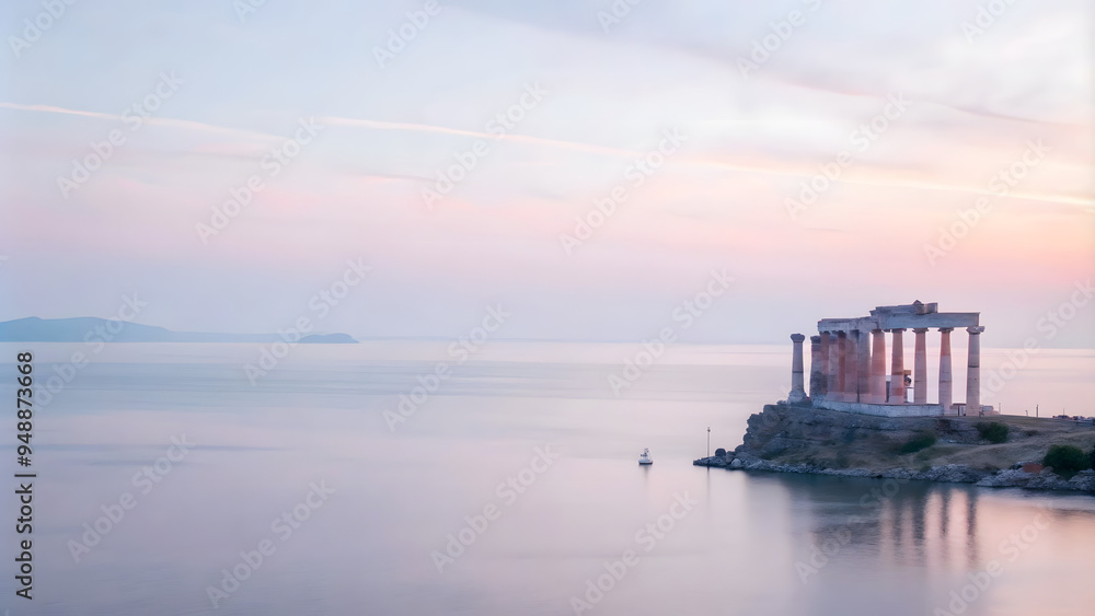 Ancient Greek temple ruins set on a cliff overlooking the ocean at sunrise. The temple is partially collapsed, with broken columns and overgrown vegetation. The sky is a soft pink, and the sea below i Ancient Greek temple ruins set on a cliff overlooking the ocean at sunrise. The temple is partially collapsed, with broken columns and overgrown vegetation. The sky is a soft pink, and the sea below i