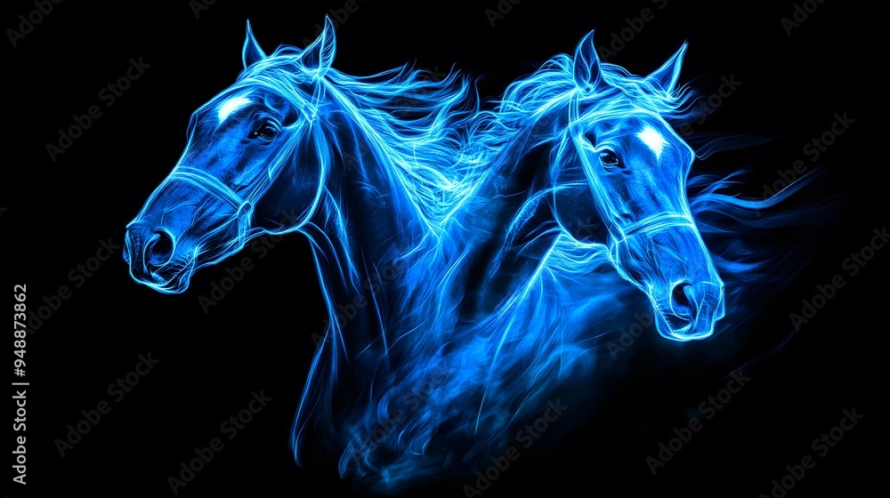 Horses in Neon on Black Background, Abstract Image, Texture, Pattern, Wallpaper, Cover and Screen for Smartphone, PC, Laptop, 9:16 and 16:9 Format Horses in Neon on Black Background, Abstract Image, Texture, Pattern, Wallpaper, Cover and Screen for Smartphone, PC, Laptop, 9:16 and 16:9 Format