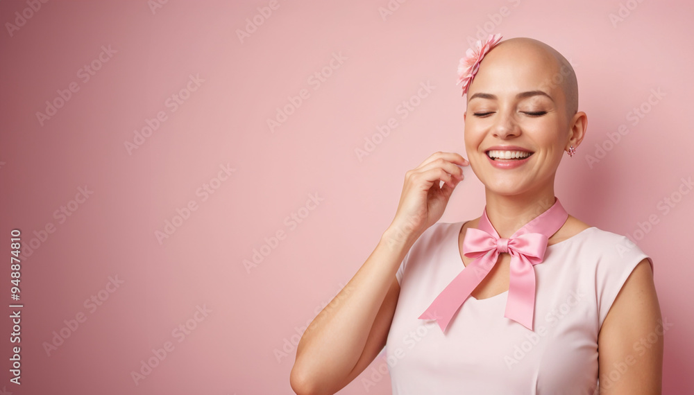 Woman with cancer smiling, embracing hope for World Cancer Day's awareness theme. Pink October Woman with cancer smiling, embracing hope for World Cancer Day's awareness theme. Pink October