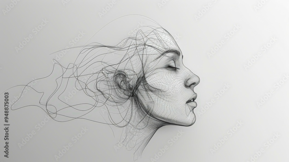 pencil sketch portrait of a beautiful woman, side view single line art on white paper, modern drawing emphasizing mindfulness and emotional depth pencil sketch portrait of a beautiful woman, side view single line art on white paper, modern drawing emphasizing mindfulness and emotional depth