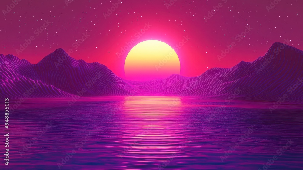 Naklejka premium Retro Sunset Over Mountains and Lake