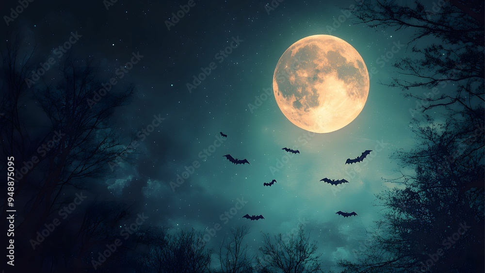Mysterious night scene featuring a glowing full moon, silhouetted bats flying across the sky, and dark, eerie trees. Mysterious night scene featuring a glowing full moon, silhouetted bats flying across the sky, and dark, eerie trees.
