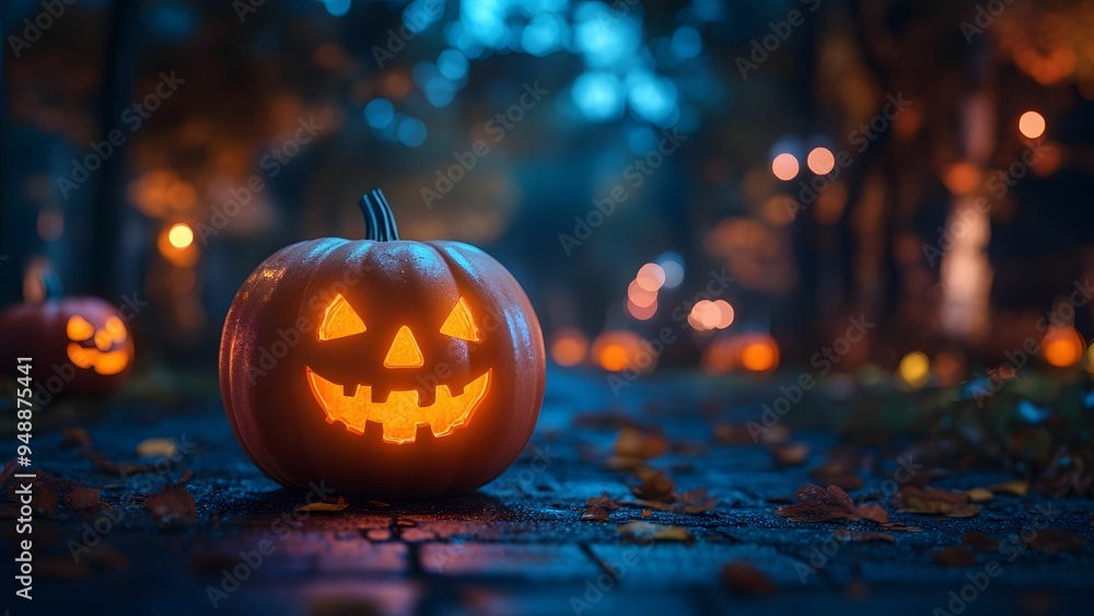 Glowing Jack-o'-Lantern in Dark Foggy Forest Glowing Jack-o'-Lantern in Dark Foggy Forest