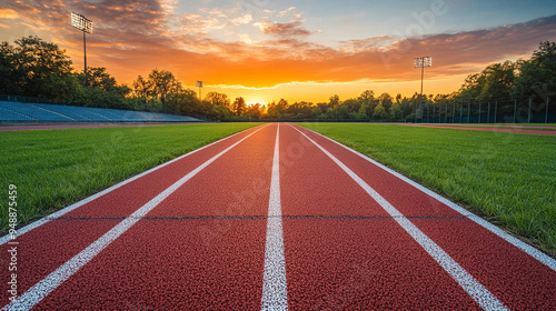 red running track surrounded by lush green grass under a clear blue sky, capturing the energy, competition, and perseverance of a track race in full motion