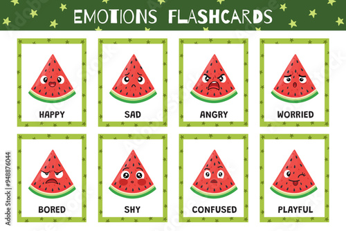 Watermelon emotions flashcards collection. Flash cards set with cute fruit character for practicing reading skills. Learn feelings vocabulary for school and preschool. Vector illustration