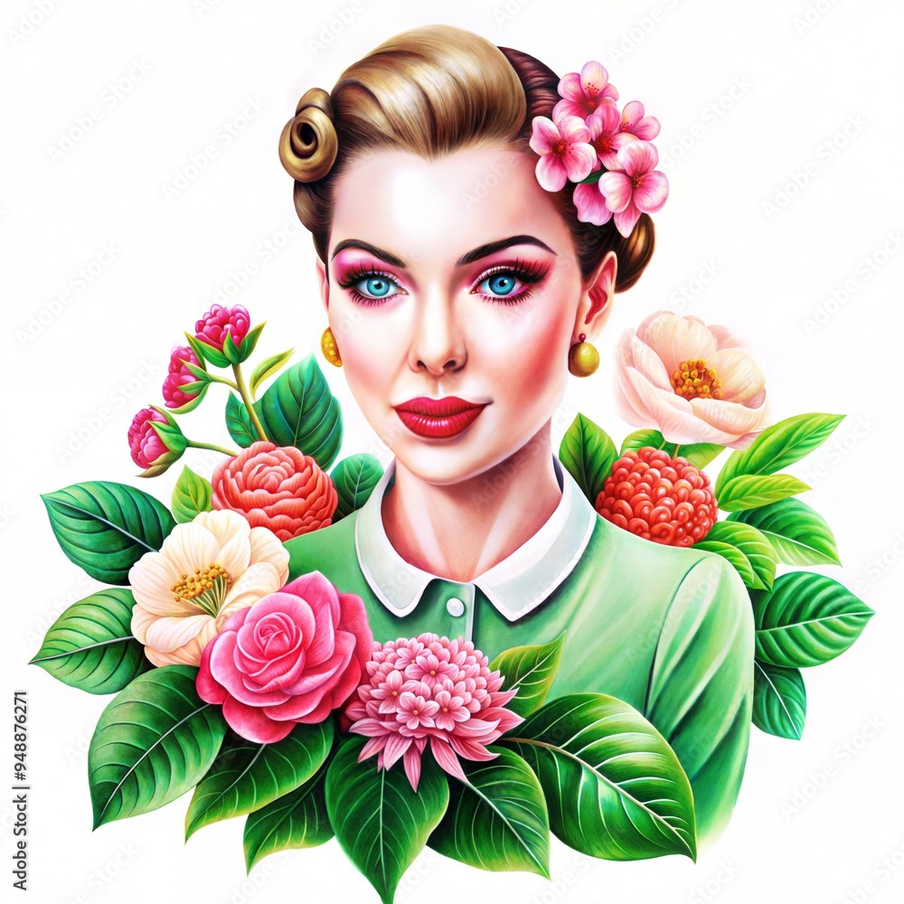 Stylish woman with vibrant flowers in her hair, exuding confidence and charm against a bright and cheerful background with copy space Stylish woman with vibrant flowers in her hair, exuding confidence and charm against a bright and cheerful background with copy space