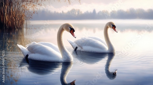 Fototapeta Naklejka Na Ścianę i Meble -  Two Swans Gracefully Swimming in a Misty Lake