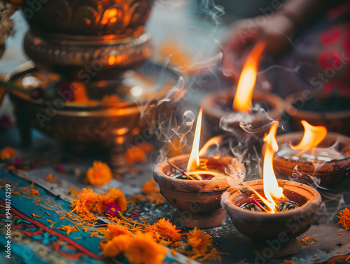 Spiritual ceremony with sacred objects and participants in traditional attire performing a religious ritual. photo