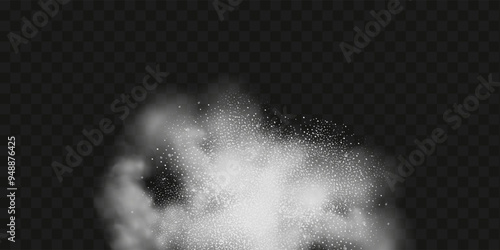 A realistic set of white clouds of flour, sugar, washing powder. An explosion of snow dust in the air. A splash of ice crystals in a white blizzard cloud.