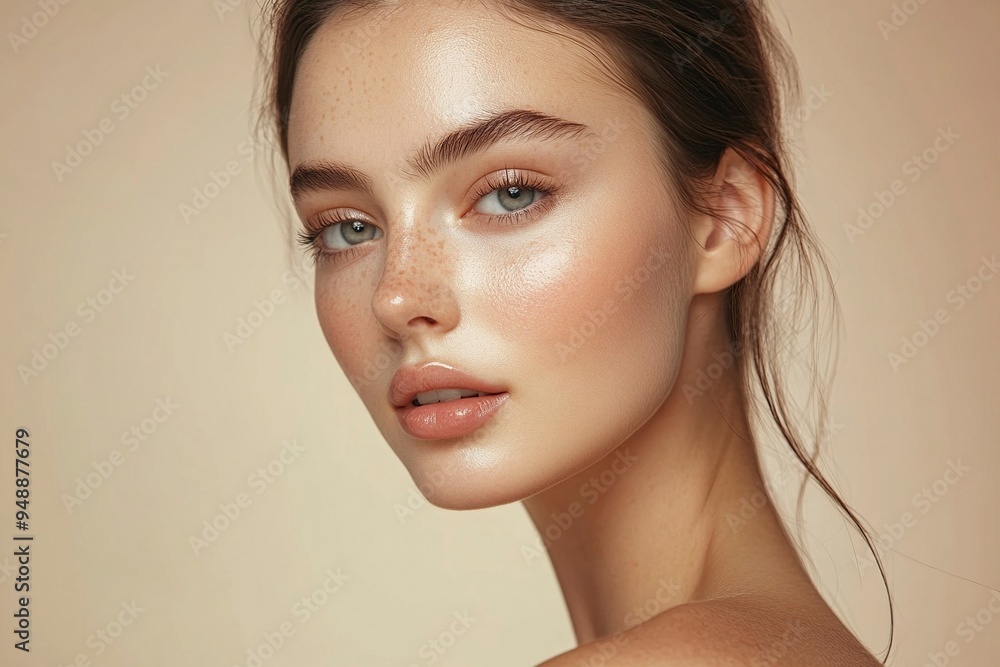 Fototapeta premium Portrait of a young woman isolated on a light background. Skin care. Beautiful female model with perfectly clean fresh skin. Natural beauty and cosmetology concept generative ai