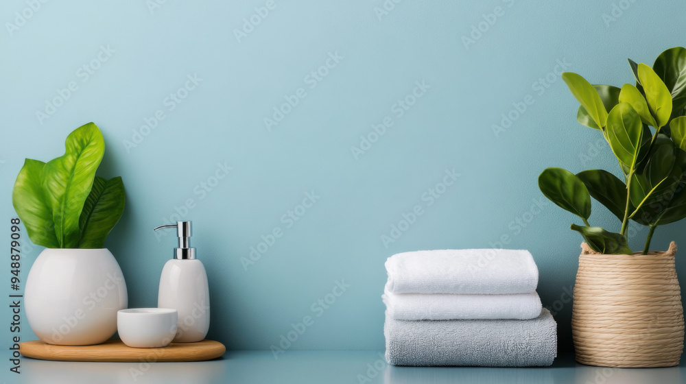 A minimalist bathroom setup showcasing essential accessories, folded towels, and green plants against a light blue wall. A minimalist bathroom setup showcasing essential accessories, folded towels, and green plants against a light blue wall.