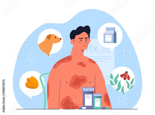 Man with allergy spots. Young guy suffer from skin diseases and illness. Infographic with allergens. Flowers, dog and diary products. Flat vector illustration isolated on white background photo