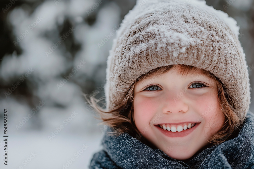 Happy child with a bright smile, wearing a woolen hat and scarf, enjoying a snowy winter day Happy child with a bright smile, wearing a woolen hat and scarf, enjoying a snowy winter day