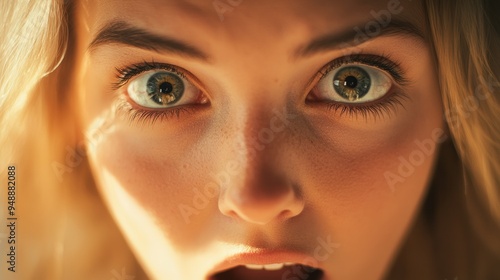 A close up of a woman with big eyes and blonde hair, AI photo