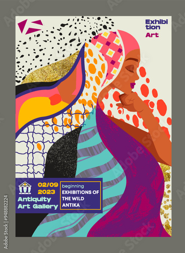 Art exhibition poster. Abstract creativity. Woman silhouette with colorful spots. Flyer and leaflet. Invitation to museum or gallery. Cartoon flat vector illustration isolated on grey background