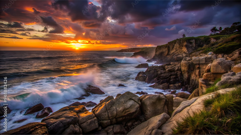 Obraz premium A rocky coastline at sunset, with waves crashing against the cliffs. The sky is ablaze with oranges and purples, and the sea reflects the colors, creating a dramatic and powerful scene