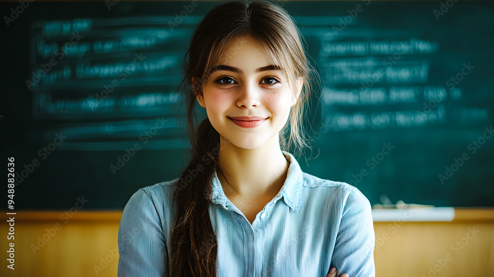 Jeune écolière souriante debout devant le tableau noir de sa classe